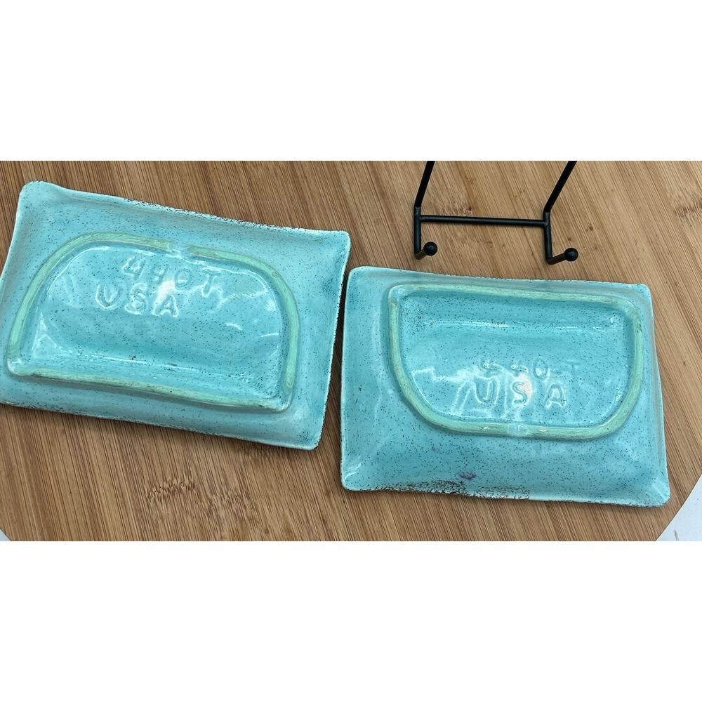 Pair Ashtrays Blue/Gold  Mid Century Modern Ceramic Glazed Retro Made In USA MCM - Picture 6 of 6